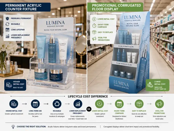 The same product displayed on a permanent acrylic counter fixture and a promotional corrugated floor display, showing the lifecycle cost difference.