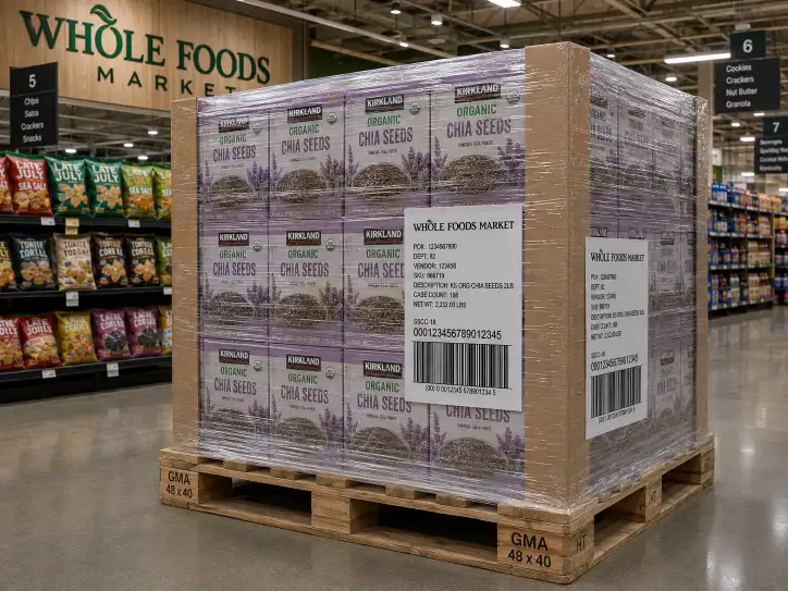 Whole Foods Market aisle with a display-ready pallet display on a heat-treated GMA 48x40 pallet, shrink-wrapped with GS1-128 labels.