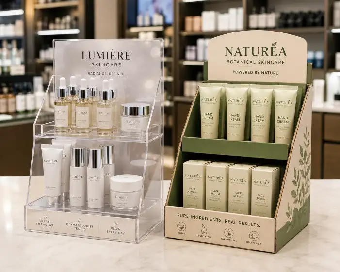 An acrylic counter display and a corrugated cardboard counter display standing side by side in a retail setting.