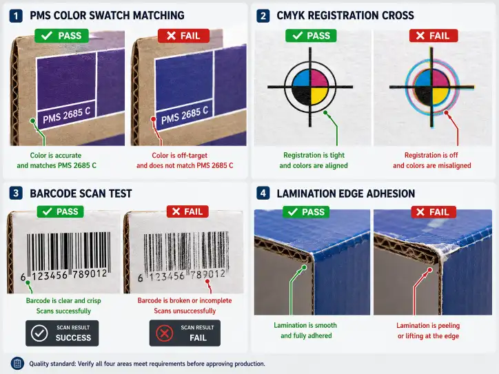 Close-up comparison of four print quality aspects on a cardboard display sample: PMS color swatch matching, CMYK registration cross, barcode scan test, and lamination edge adhesion — with pass/fail indicators.