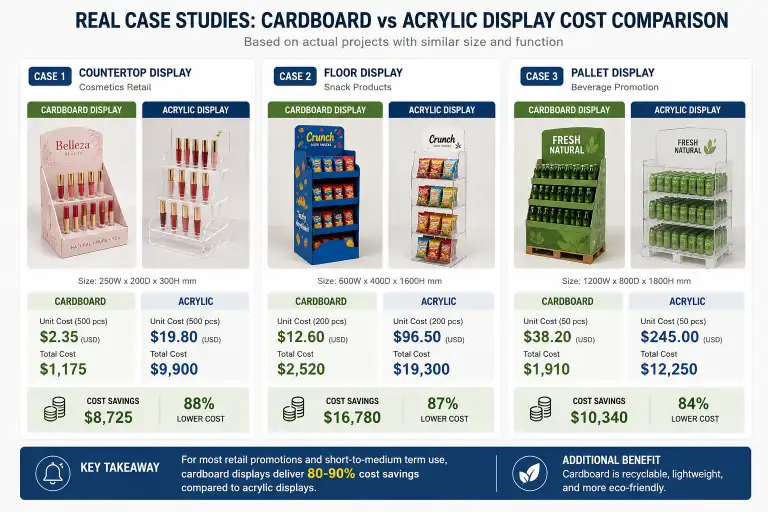 Three case study comparisons showing cost differences between cardboard and acrylic in real scenarios