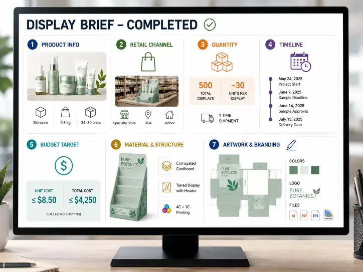 A completed brief template on a computer screen showing all seven categories filled in for a sample display project