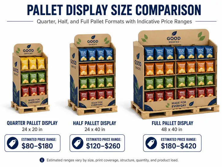 Comparison of quarter, half, and full pallet display sizes with price ranges labeled