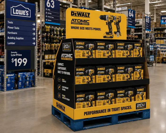 Lowe's home improvement aisle with a corrugated stackout display merchandised on an in-store display pallet