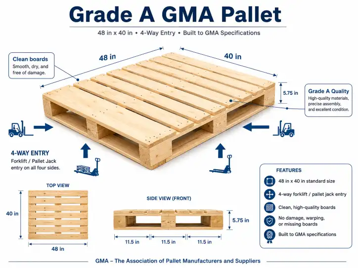 Grade A GMA 48x40 pallet diagram showing clean boards, 4-way entry, and dimensions