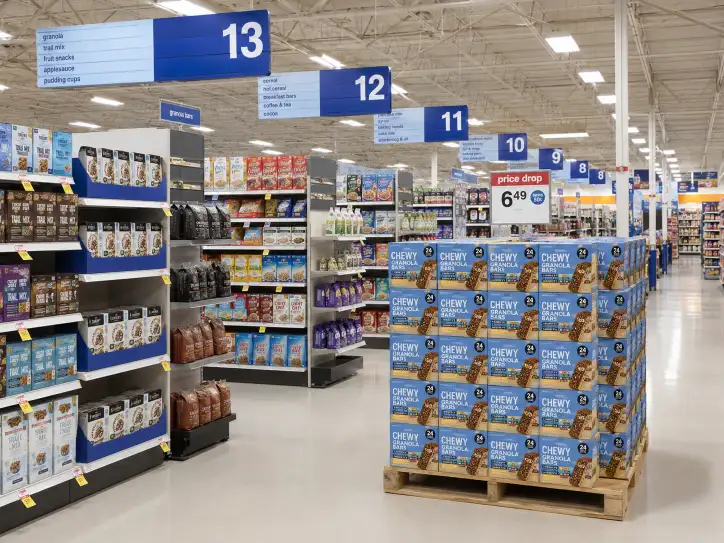 Meijer supercenter aisle with a store-ready pallet display and PDQ trays merchandised in-aisle