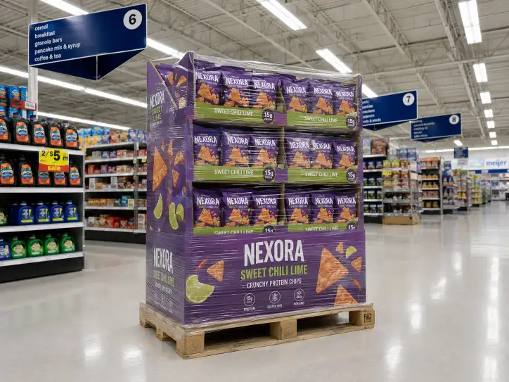 Approved store-ready pallet display at Meijer, branded and stretch-wrapped to the pallet base
