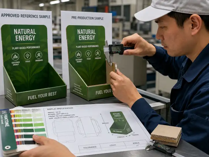 Factory worker comparing a pre-production sample against the approved reference sample — checking board thickness with a caliper, print color against PMS swatch, and assembled dimensions against the spec sheet.