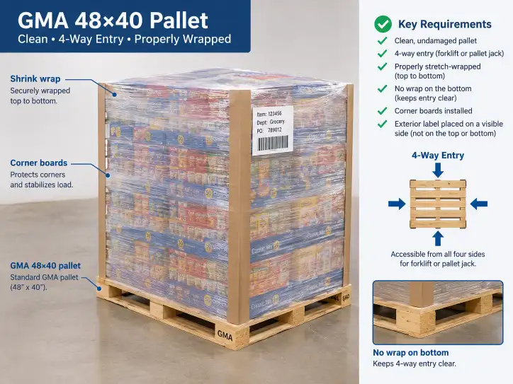 Clean GMA 48x40 pallet with 4-way entry, properly stretch-wrapped without wrap on the bottom.