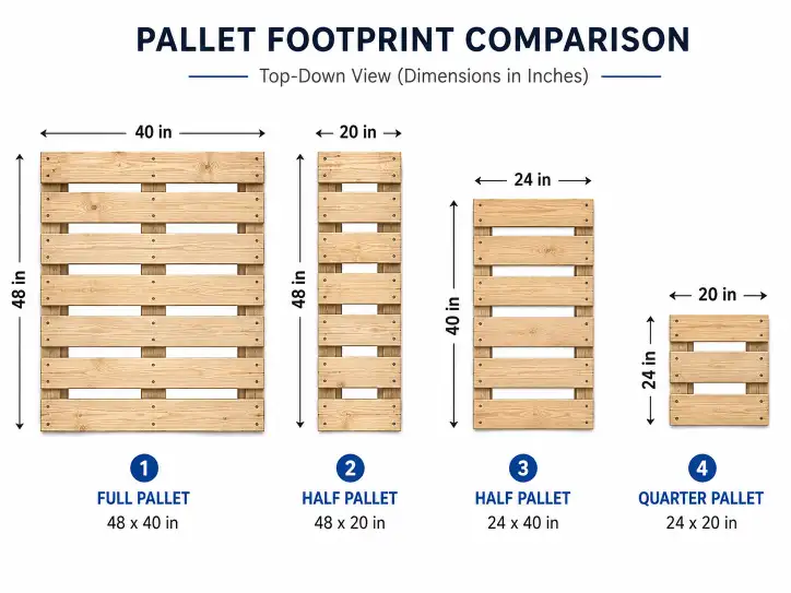 Footprint comparison diagram showing 48x40 full pallet, 48x20 and 24x40 half pallets, and 24x20 quarter pallet with dimensions labeled