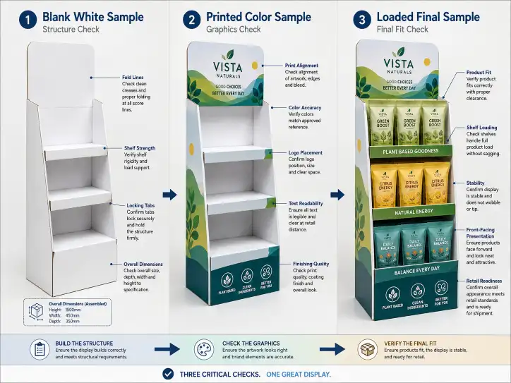 Side-by-side comparison of three cardboard display samples: a blank white sample for structure check, a printed color sample for graphics check, and a fully assembled display with product loaded for final fit check — with inspection notes marked on each.