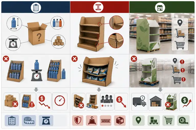 Summary table - three failure patterns across cardboard displays: product info gaps, structural miscalculation, and missing retail data