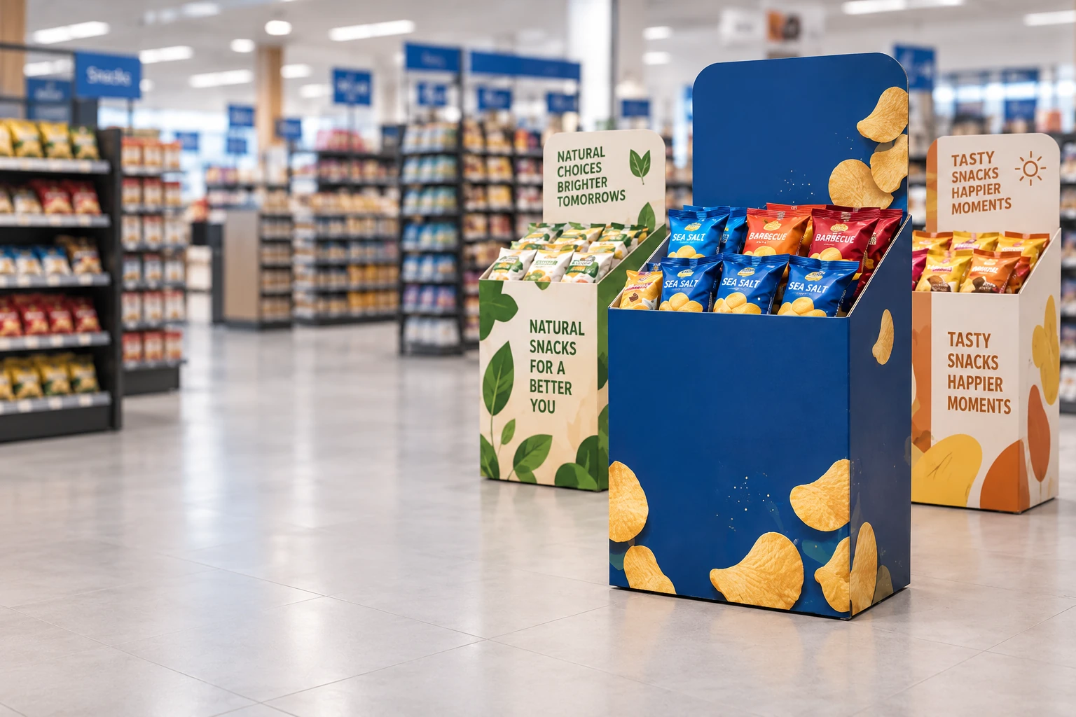 Custom cardboard dump bin displays for retail snack products in a supermarket environment