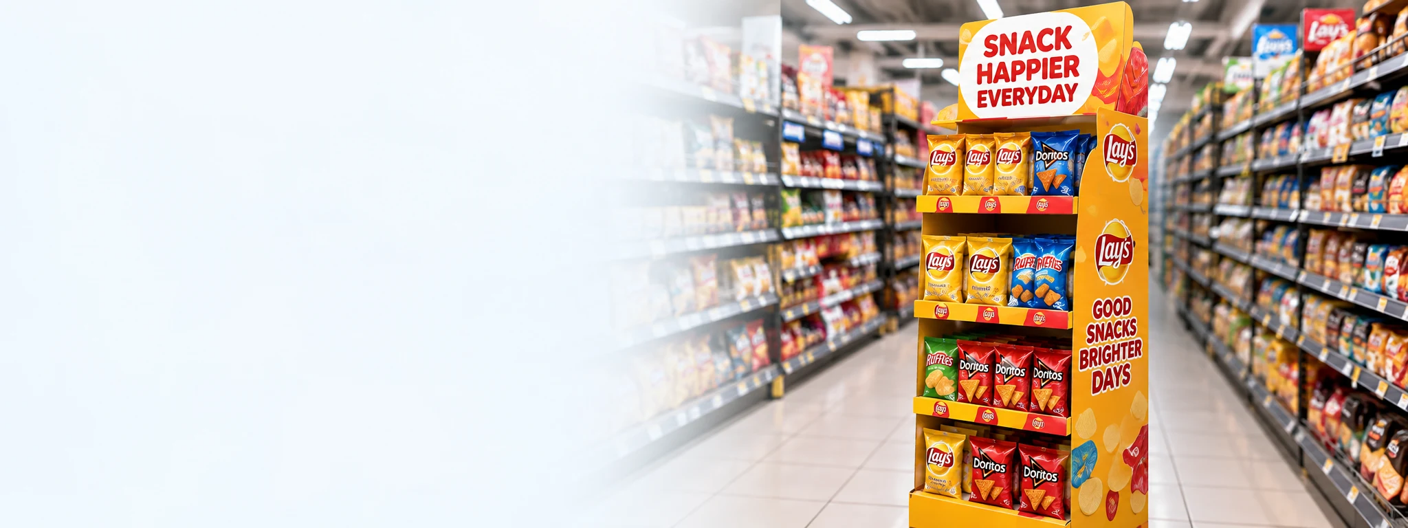 Custom cardboard floor display FSDU in a supermarket retail aisle