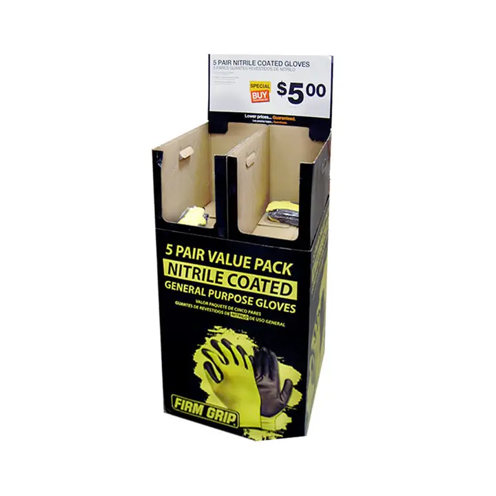 Divided cardboard dump bin display with multiple product compartments
