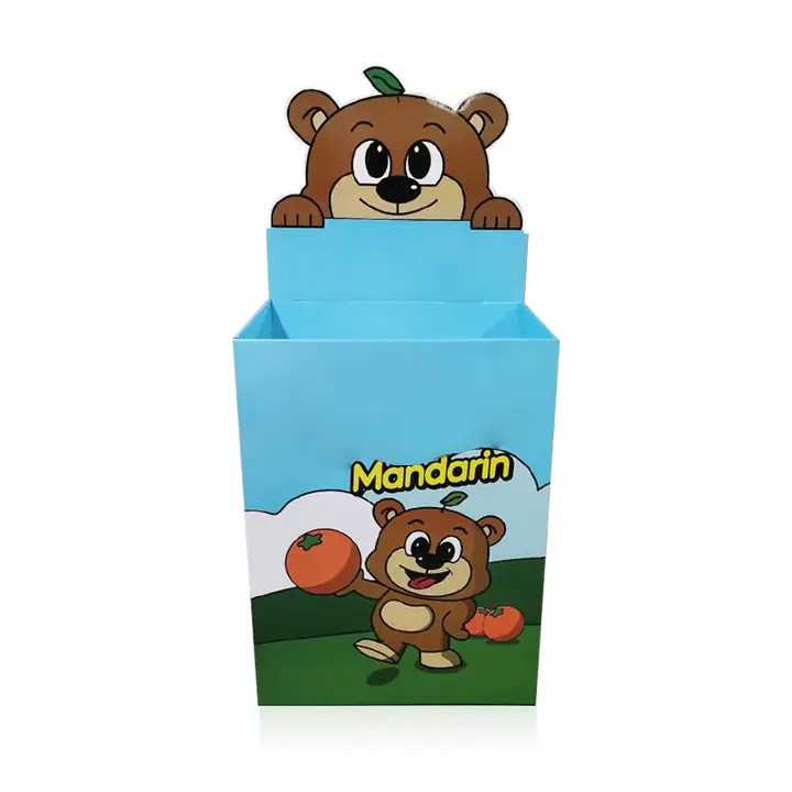 Custom cardboard dump bin display with promotional header for retail products