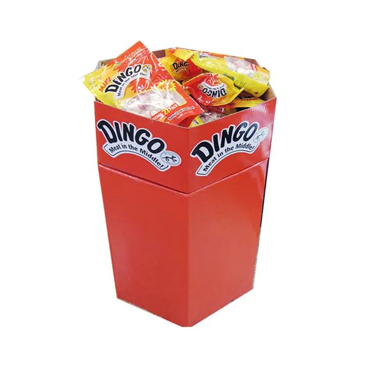 Hexagonal cardboard dump bin display for snack and promotional products