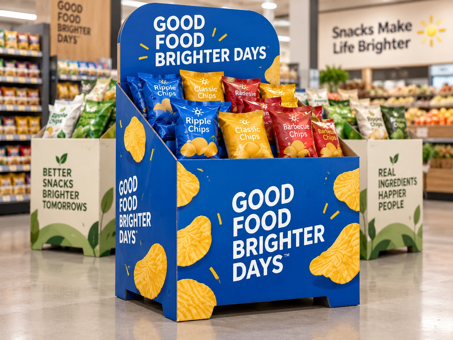 Cardboard dump bin display fully loaded with snack products for retail merchandising