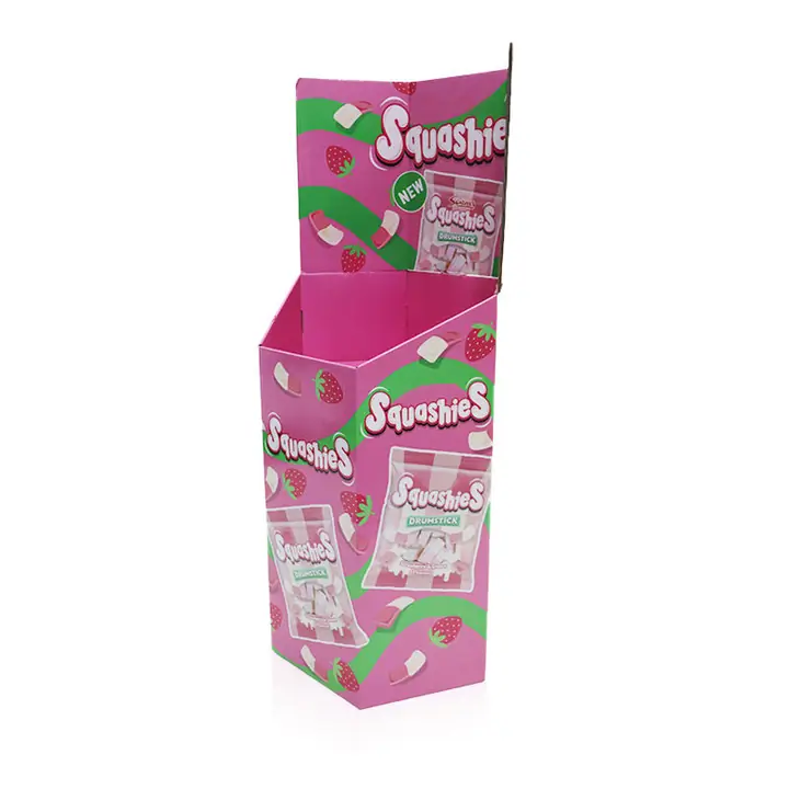 Tall promotional cardboard dump bin display with branded header panel