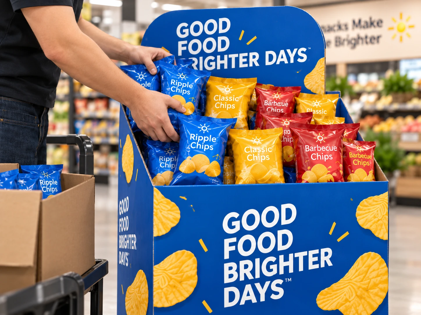 Retail staff refilling snack products in a custom cardboard dump bin display