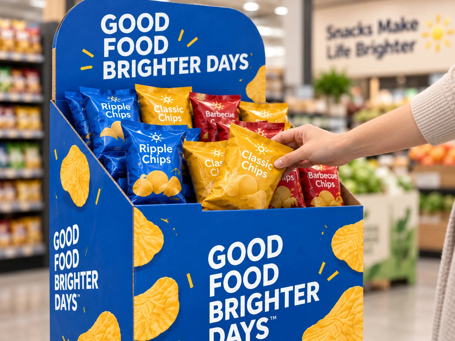 Shopper reaching for snack products from a cardboard dump bin display
