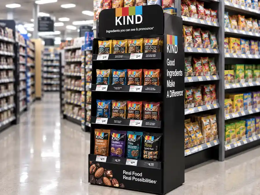 Black shelf sidekick display merchandising multiple snack SKUs in a supermarket aisle