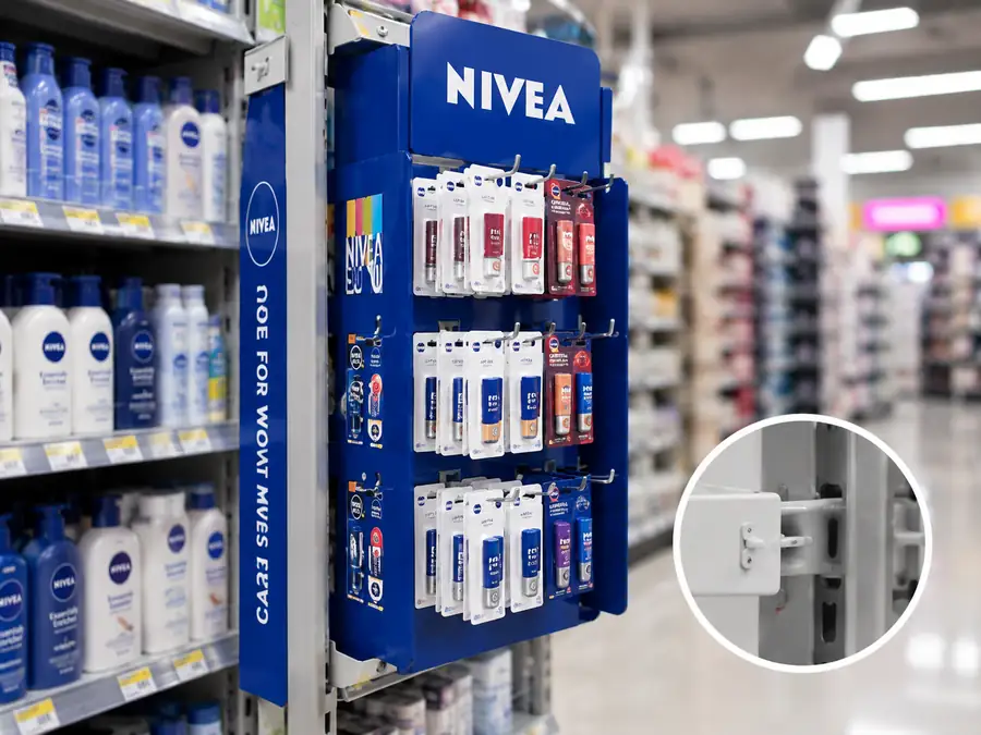 Blue hook sidekick display for lip care products mounted beside a retail shelf