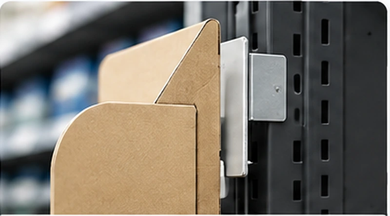 Custom cardboard sidekick display structure with shelf-side mounting detail