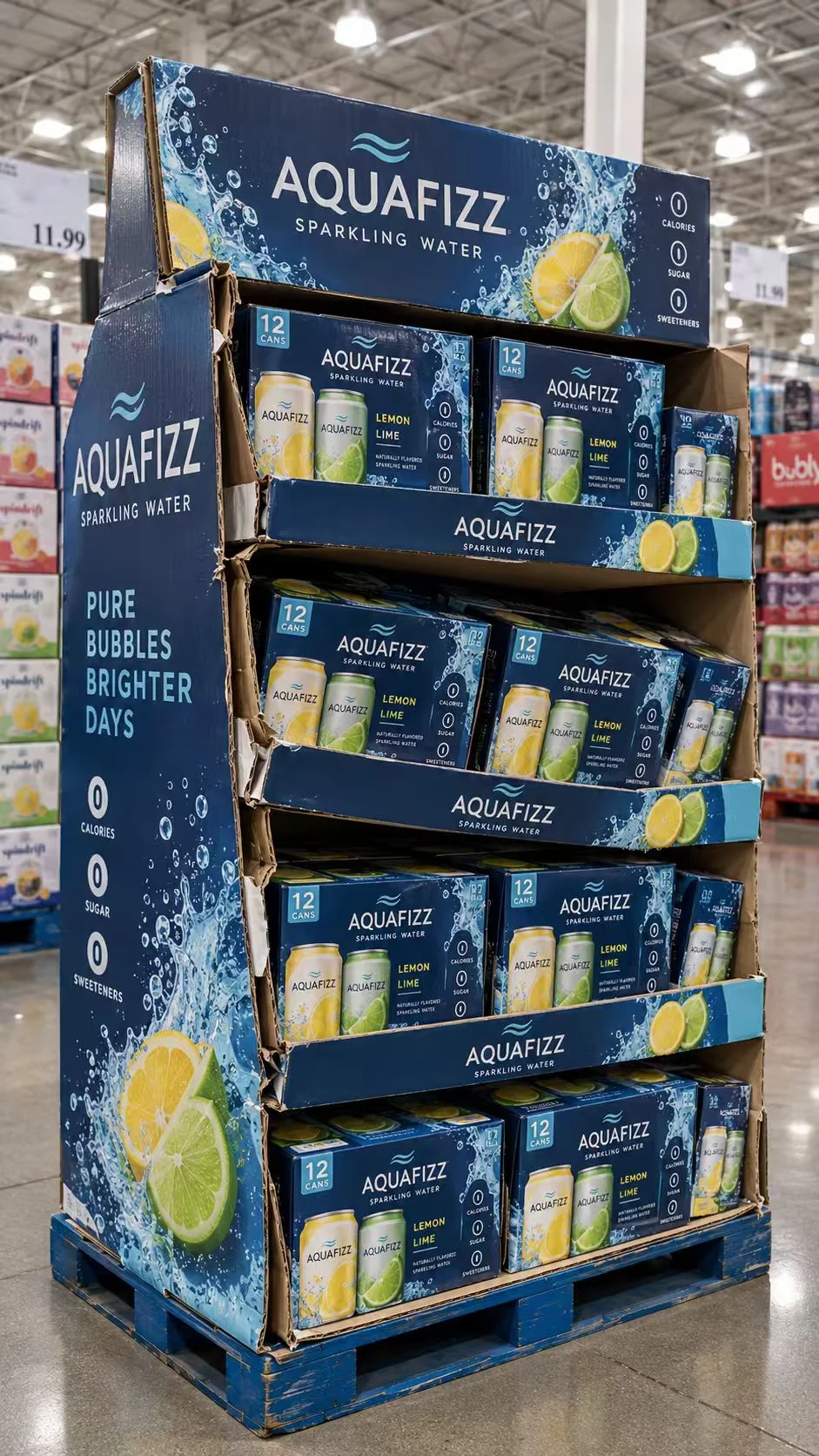 Beverage cardboard pallet display with tilted shelves under product load