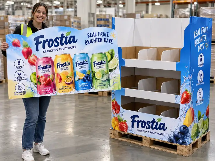 Full-color printed header of a Costco pallet display with brand logo, product imagery, and promotional messaging, held up beside a die-cut corrugated display body, showing the graphics element that sells the product on the warehouse floor.