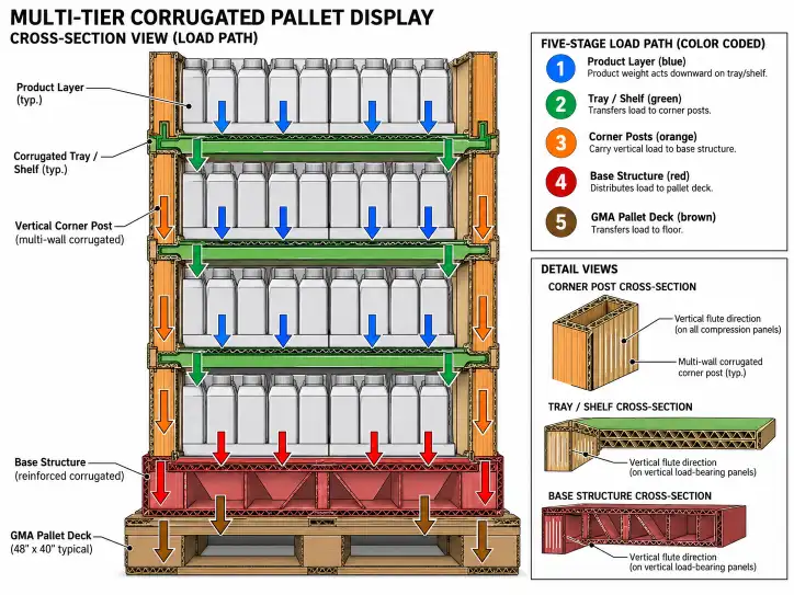 Technical diagram of a multi-tier Costco pallet display in cross-section view, with the five-stage load path overlaid in arrows. Each stage is color-coded: product layer (blue) → tray/shelf (green) → corner posts (orange) → base structure (red) → GMA pallet deck (brown). Flute direction marked with vertical lines on all compression panels.