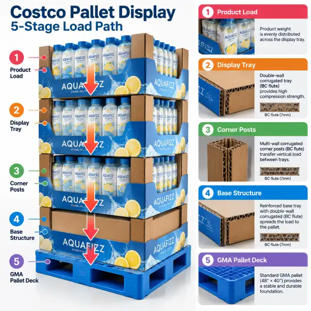Color-coded cross-section illustration of a Costco pallet display showing the five-stage load path from product through tray, corner posts, base structure, to the GMA pallet deck, with arrows indicating weight transfer direction and flute orientation labels.