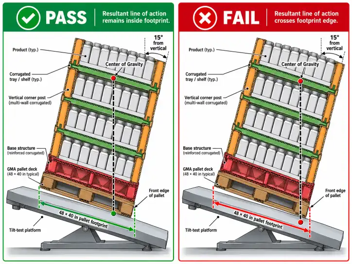 Side-view diagram of a Costco pallet display on a tilt test platform at 15 degrees from vertical. A dashed vertical line drops from the center of gravity; the line stays inside the 48×40-inch pallet footprint (pass) versus crossing the footprint edge (fail). Two labeled panels illustrate the pass/fail comparison.