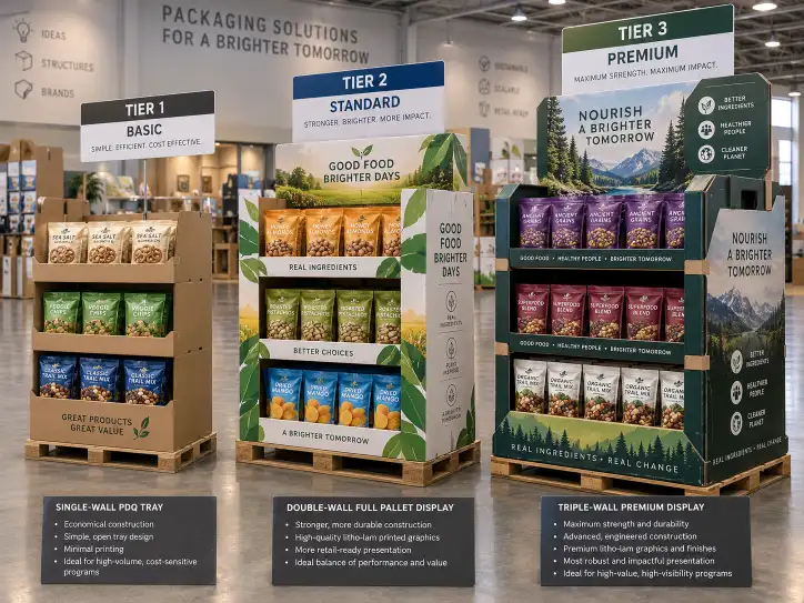 Three Costco pallet displays of increasing complexity lined up in a factory showroom: a simple single-wall PDQ tray unit, a mid-range double-wall full pallet display with litho-lam printing, and a complex triple-wall display with reinforced base structure, representing three cost tiers.