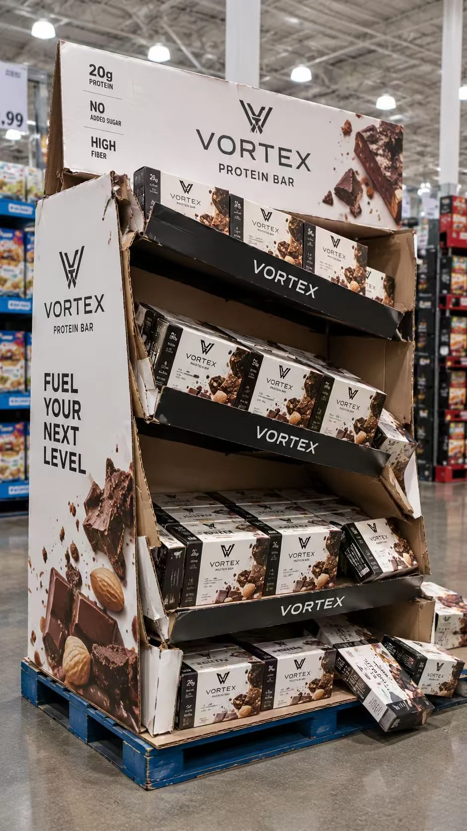 Cardboard retail display with displaced shelf and product cartons