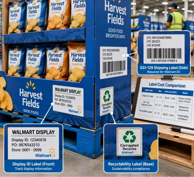 Close-up of a Walmart pallet display showing multiple labels applied to the display structure — a Display ID label on the front panel, a GS1-128 barcode label on the side, and a recyclability label near the base, with a label cost comparison sheet visible on a clipboard in the background.