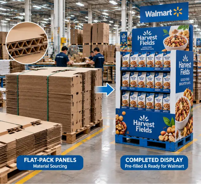 Factory floor comparison of flat-pack corrugated panels stacked on a pallet beside a completed pre-filled Walmart pallet display loaded with products, showing the two different material sourcing and assembly approaches for Walmart display programs.