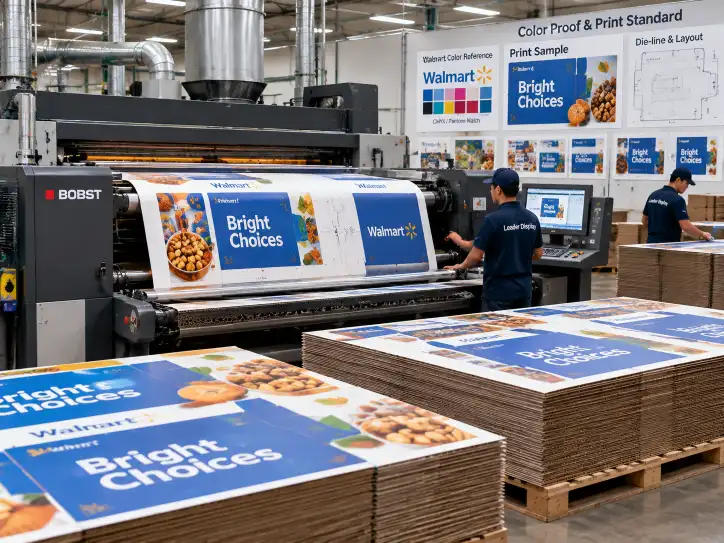 Factory print shop showing a large-format flexographic printer running a Walmart pallet display header panel with brand graphics, with printed display panels stacked in the foreground and color proof sheets pinned to a wall behind the press.