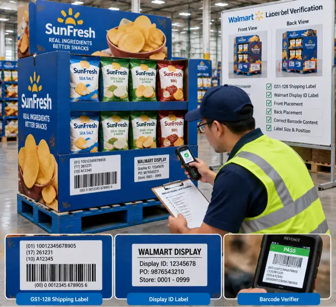 Factory quality inspector checking barcode labels and display ID labels on a completed Walmart pallet display, with a barcode verifier device scanning a GS1-128 label and a clipboard checklist showing label placement verification for front and back positions.