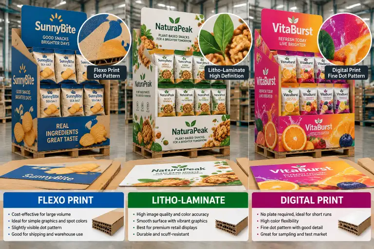 Side-by-side comparison of three corrugated display panels showing flexo print, litho-laminate, and digital print quality on Walmart display structures, with magnified detail insets highlighting the dot pattern and registration differences between each method.