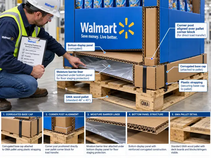 Factory engineer inspecting the base reinforcement of a Walmart pallet display, showing the corrugated base cap attached to the GMA pallet with strapping, corner post positioning over pallet corner blocks, and a moisture barrier liner on the bottom panel for floor staging protection.